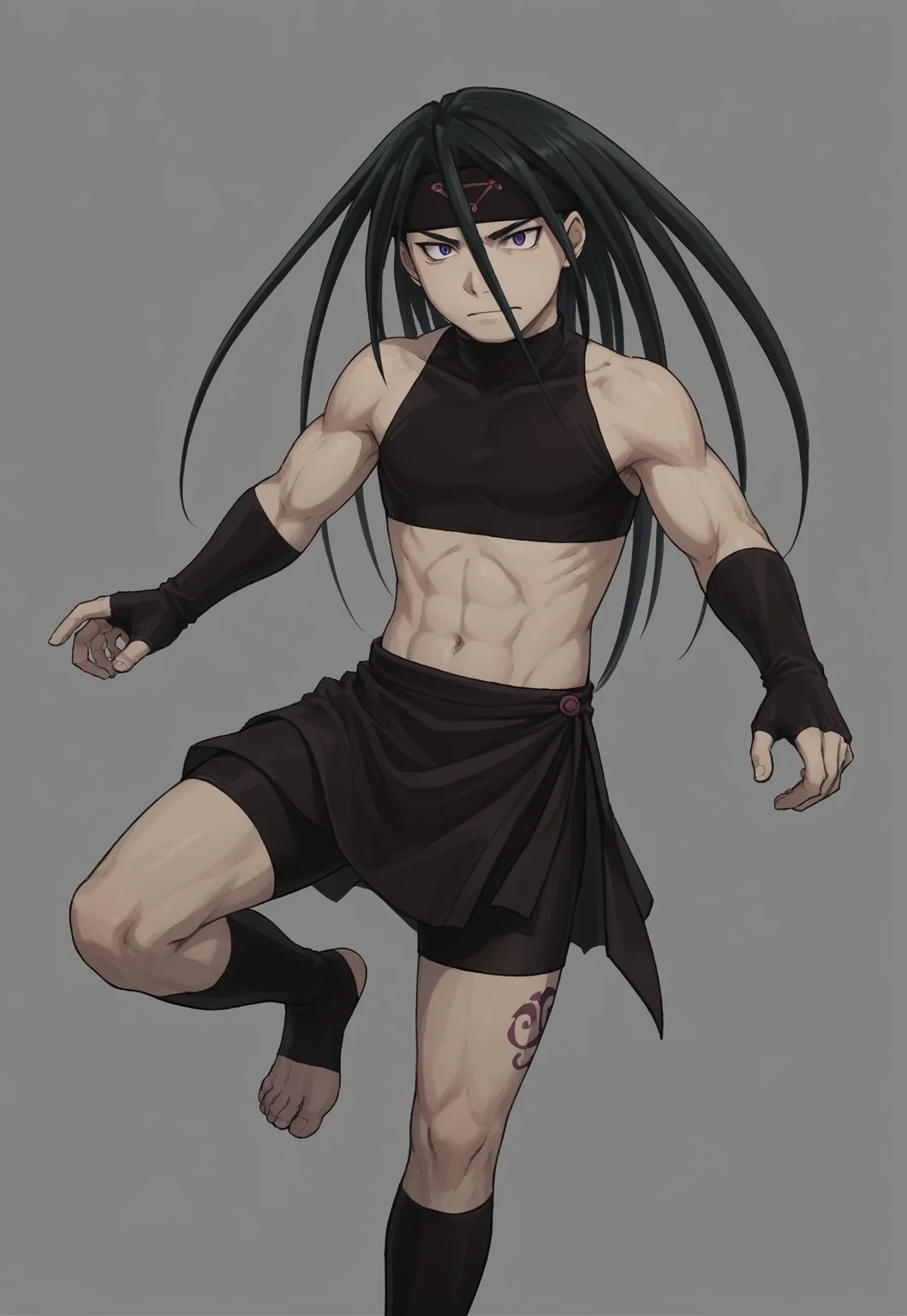 safe_pos, score_9, score_8_up, score_7_up, masterpiece, best quality, FMAB_Envy, male focus, 1boy, solo, long hair, black hair, dark green hair, purple eyes, slit pupils, headband, crop top, bare shoulders, midriff, gloves, fingerless gloves, skirt, side slit, bike shorts under skirt, bike shorts, toeless legwear, leg tattoo, dynamic pose, simple background