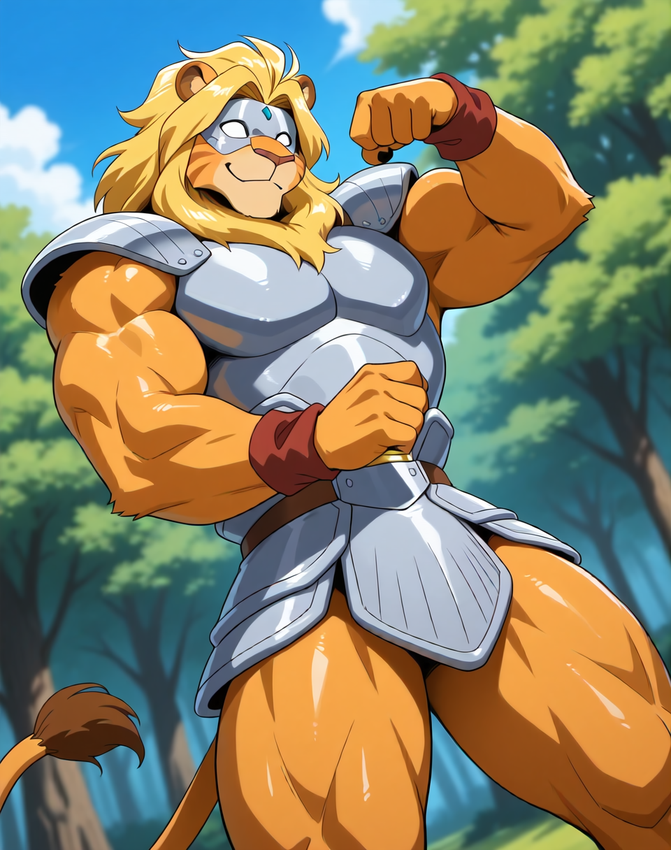 <lora:Kutal_(Shinzo)_(Illustrious)_(AD):1.15> Kutal, muscular, Shinzo, 
exterior, vivid anime blue sky with detailed clouds, forest, deep valley, 
dynamic action, dutch angle, solid white eyes, smile, mighty and strong, solo, eye mask, cowboy shot, lion tail, sexy, gay, bent leg, yellow hair, 
large biceps, large muscular shoulders, large muscular arms, large muscular thighs, hyper muscular, orange body, orange fur, orange skin, glossy body, seductive, erotic, 
BREAK: very awe, aesthetically pleasing, masterpiece, best quality, amazing quality, very aesthetic, perfect depth of field shot, subsurface reflections, gradient coloring, source_furry, furry_art, 
BREAK: lazympos, lazypos (3),