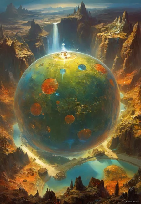 ((((High angle From avove, camera from above, Bird's-eye view, aerial shot view)))), professional concept-art painting, epic scifi/fantasy,
In the heart of the absurdes, a giant transparent sphere envelop fantasy village.The village within are portrayed with intricate detail, surreal masterpiece of contrast, blending the energy of fantasy village with the scifi aesthetic of a sphere,mix of science fiction and fantasy,caustics,detailed reflections,glossy,refraction,(acid bleeding deep colors:1.2), atmospheric, mysterious, painted in high resolution, colorful, primary colors, dark fantasy art, Grisaille, no gradients, illustration, (no humans:1.3),