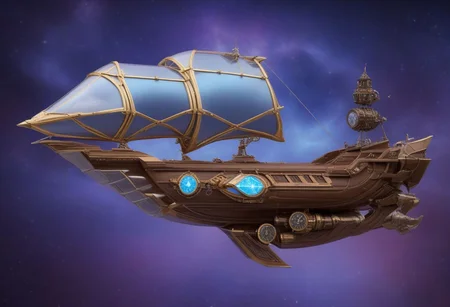 lumenarium, flying ship at space, stary sky, aether nebulas, tpship, realistic, wooden hull with metal elements, crystal elements, big blue glowing energy sail, silver metal, solar panels, guns on board, hight tech, steampunk