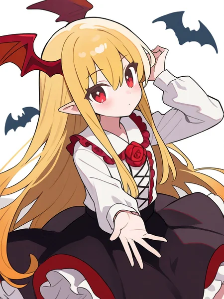 1girl, vampy, solo, blonde hair, long hair, red eyes, skirt, pointy ears, shirt, head wings, white shirt, black skirt, looking at viewer, sitting, wings, red flower, long sleeves, frills, bangs, collared shirt, frilled skirt, arm up, red rose, blush, bat wings, closed mouth, rose, hair between eyes, flower, red wings, very long hair, white background, petticoat, vampire, simple background, blue background, sidelocks, cross-laced clothes, frilled shirt collar, cowboy shot, expressionless, outstretched arm,,<lora:yitiaocudai>, masterpiece, best quality, very aesthetic, absurdres