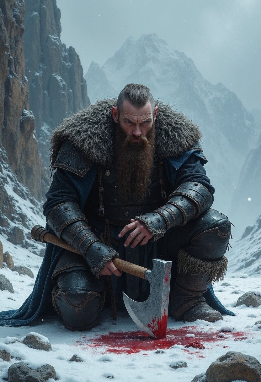 An atmospheric and powerful dark fantasy image,  classical style painting of a rugged dwarven warrior dressed in intricate black armor.  He crouches with his head facing viewer and with a sorrowful visage . He holds a powerful axe. There is blood in the snow around him from a fallen enemy. Cinematic shot in a snowy mountainous region.