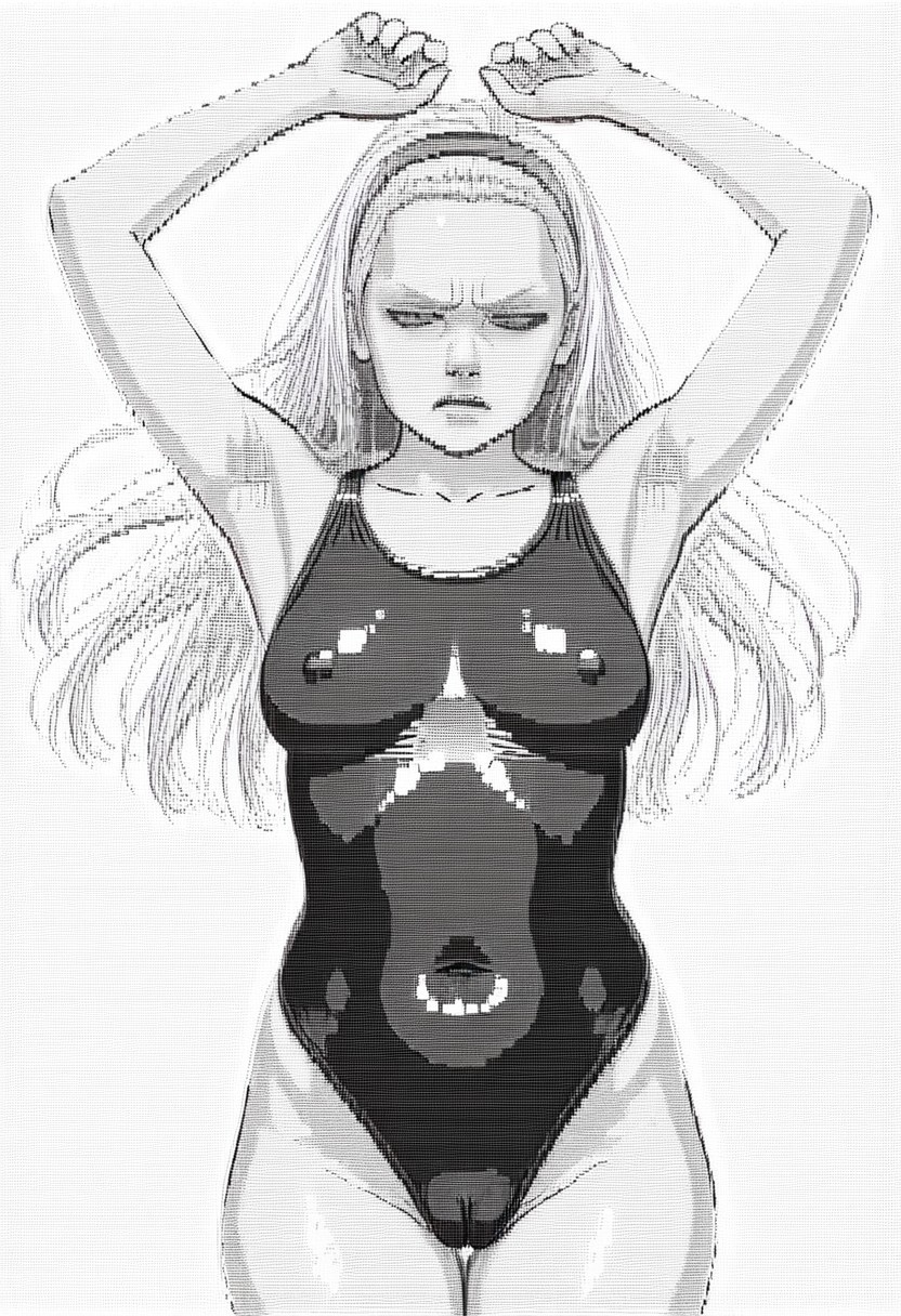 80s_digital, ascii, symbols, score_9, score_8_up, hyper-realistic,
masterpiece, best quality, absurdres detailed eyes,
cowboy shot.three quarters view,
platnium blonde hair,floating hair,blue eyes,half closed eyes,scowl,struggle to get free,arms up,latex swimsuit,((rainbow gradient swimsuit)),covered nipples,camel toe,erect clitoris,
simple background,white background,