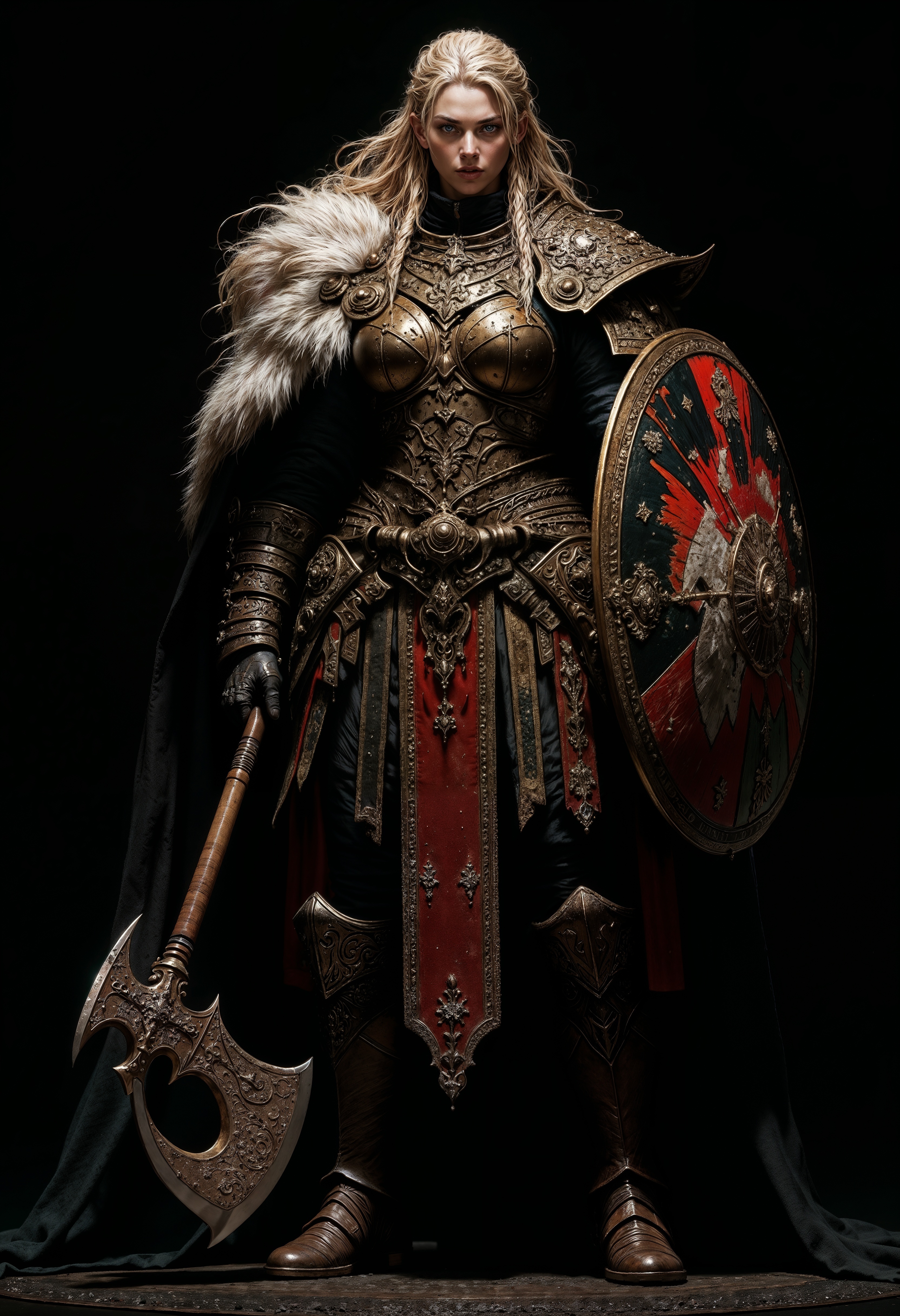 Image is a digital artwork featuring a warrior woman in a full-body portrait against a dark background. She has long blonde hair styled in braids and wears a detailed, rugged armor set with fur and leather elements. Her skin is fair, and she has a determined expression. The armor includes a metal breastplate, shoulder guards, and a fur-lined skirt. She holds a large round shield with a red and black design featuring a white emblem, and an intricately designed axe with a wooden handle. Her boots are sturdy and adorned with metal accents. The overall style is reminiscent of a fantasy or medieval theme, with a focus on strength and resilience. light particles, extremely sharp focus, unique artistic composition, (maximum ultra high definition image quality and rendering:3), maximum image detail, maximum realistic render, (((ultra realist style))), realist side lighting, , 8K high definition, realist soft lighting, (amazing special effect:3.5)
<lora:FluxMythP0rtr4itStyle:0.6> <lora:flux.1_lora_flyway_Epic-Characters_v1:0.6> <lora:Elden_Ring_-_Yoshitaka_Amano:0.33>