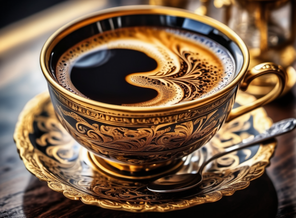 HDR photo of golden cup of coffee with black coffee, intricate details, fractal art, Calligraphy, Petros Afshar, tilt shift shot, . High dynamic range, vivid, rich details, clear shadows and highlights, realistic, intense, enhanced contrast, highly detailed