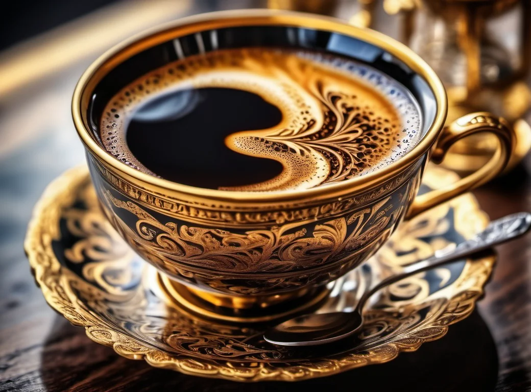 HDR photo of golden cup of coffee with black coffee, intricate details, fractal art, Calligraphy, Petros Afshar, tilt shift shot, . High dynamic range, vivid, rich details, clear shadows and highlights, realistic, intense, enhanced contrast, highly detailed