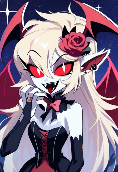 HCSV1,
1girl, solo, portrait, bangs, sidelocks, smile, fangs, earrings, jewelry, blonde hair, long hair, red eyes, hair between eyes, open mouth, pointy ears, head wings, bat wings, rose, starry sky, night sky, flower, vampire, demon girl, wings, bright pupils, demon wings, white pupils, red wings, pink rose, looking at viewer, eyebrows visible through hair, bow, pink bow, claw pose, tongue, piercing, sparkle, ear piercing, bridal gauntlets, bat hair ornament, vampire costume, hand up