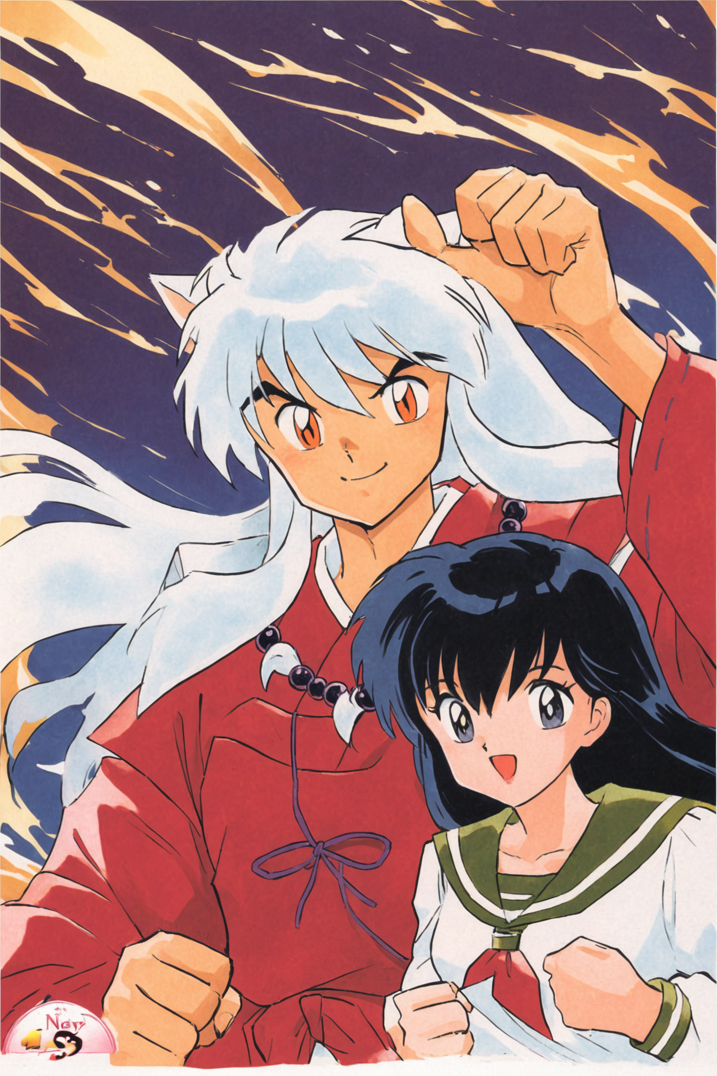 1girl,Higurashi Kagome,1boy,Inuyasha,animal ears,school uniform,long hair,black hair,necklace,dog ears,white hair,red japanese clothes,jewelry,serafuku,smile,open mouth,retro artstyle,white background,hetero,orange eyes,<lora:Takahashi Rumiko_XL:0.8>,