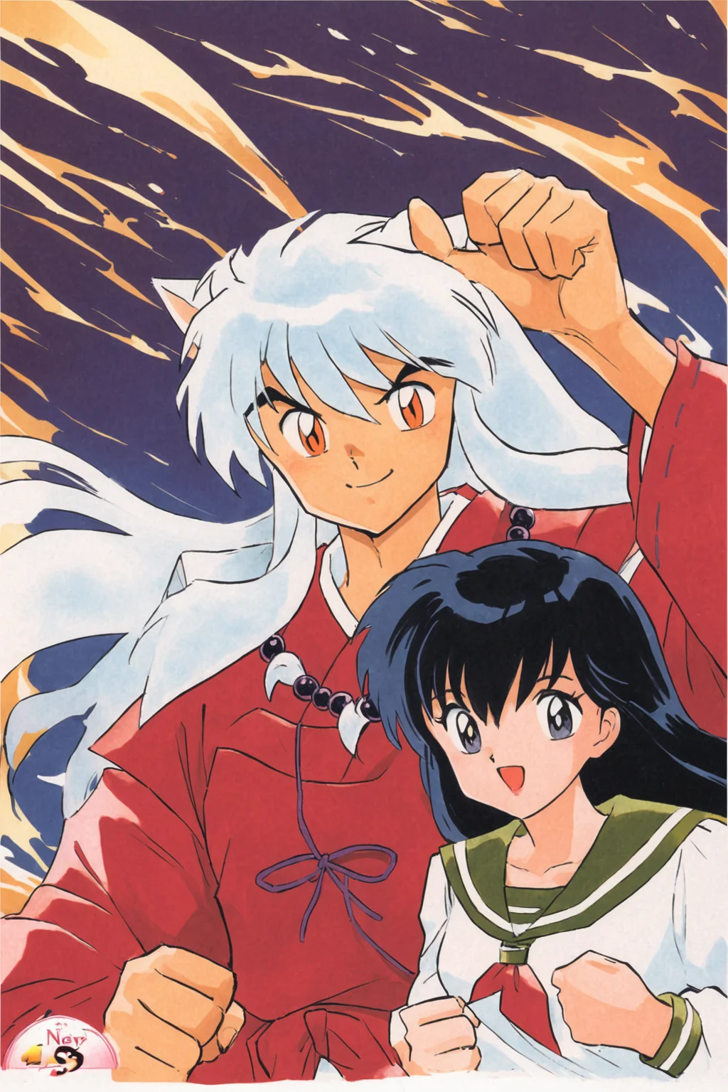 1girl,Higurashi Kagome,1boy,Inuyasha,animal ears,school uniform,long hair,black hair,necklace,dog ears,white hair,red japanese clothes,jewelry,serafuku,smile,open mouth,retro artstyle,white background,hetero,orange eyes,<lora:Takahashi Rumiko_XL:0.8>,