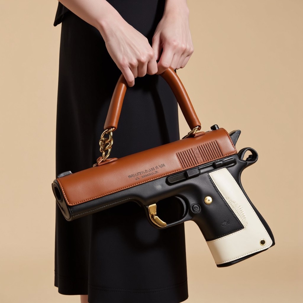 A high-fashion handbag designed entirely in the soft, sculptural shape of a Colt 1911 pistol, reimagined with a luxurious leather construction. The bag retains the iconic silhouette of the pistol — smooth slide, grip, and trigger outline — but all details are crafted from supple leather, with elegant stitching and embossed elements replacing hard mechanics. No visible metal parts, no rigid structure — the design feels like a clever, artistic reinterpretation of a weapon into a soft, wearable fashion piece.
The leather is high-quality and rich in texture, available in classic tones: deep black, warm cognac brown, or ivory cream. The surface is matte or lightly polished, with natural grain and fine hand-finishing. A gold chain strap is attached gracefully to the top of the bag, adding a touch of glamor and contrast to the weapon-inspired shape. The chain is draped over a woman's hand, elegantly holding the bag — her wrist delicate, manicured, cropped just enough to keep the focus on the accessory.
The scene is set against a neutral studio background — soft beige or gray — with professional lighting that enhances the curves and craftsmanship of the leather. The result is a refined, provocative fashion statement — a handbag that plays with symbolism, danger, and softness in perfect visual balance. Unique handbag design detailifier