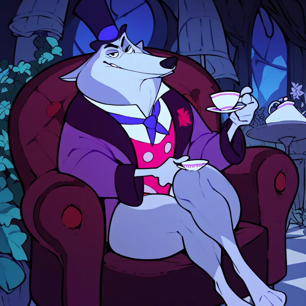 score_9, score_8_up, score_8, furry, William, wolf, grey fur, cartoon style, 2d, skinny male, thick thighs, wide hips, purple suit, top hat, sitting in armchair, holding teacup, legs crossed, looking at viewer, smirk, bedroom eyes, one eyebrow raised, inside, mansion