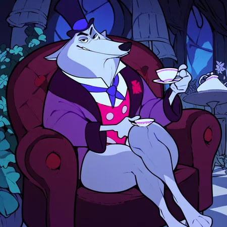 score_9, score_8_up, score_8, furry, William, wolf, grey fur, cartoon style, 2d, skinny male, thick thighs, wide hips, purple suit, top hat, sitting in armchair, holding teacup, legs crossed, looking at viewer, smirk, bedroom eyes, one eyebrow raised, inside, mansion