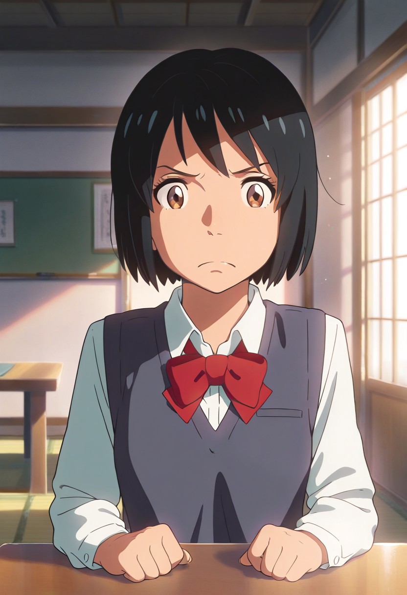 masterpiece,best quality,amazing quality,miyamizu mitsuha, black hair, brown eyes, 1girl, solo, school uniform, short hair, sweater vest, bow, frown, indoors, red bow, shirt, table