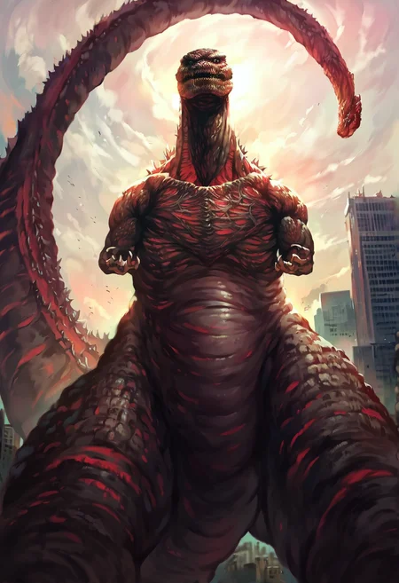 score_9, score_8_up, score_7_up, score_6_up, score_5_up, source_furry, kaiju, monster, low angle view, city background, blurred background, realistic, realism, digital painting, cinematic lighting, <lora:CHARACTER_SHIN_GODZILLA_PONY_XL:1> shin_godzilla