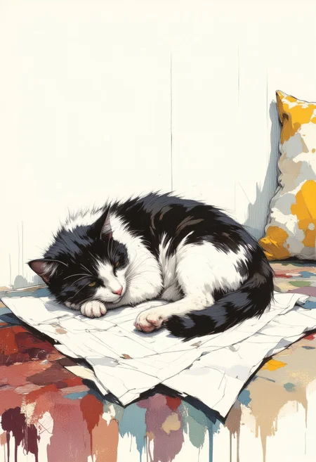 OBxiaoxiang, CAICO, inksketch , a black and white cat is curled up on a piece of paper. The cat's body is stretched out, its head resting on the paper, and its eyes are closed. The paper is lying on a multi-colored rug, set against a white wall. To the left of the cat, a maroon rug is visible, adding a pop of color to the scene. In the top right corner of the frame, a yellow and white pillow is positioned against the wall.