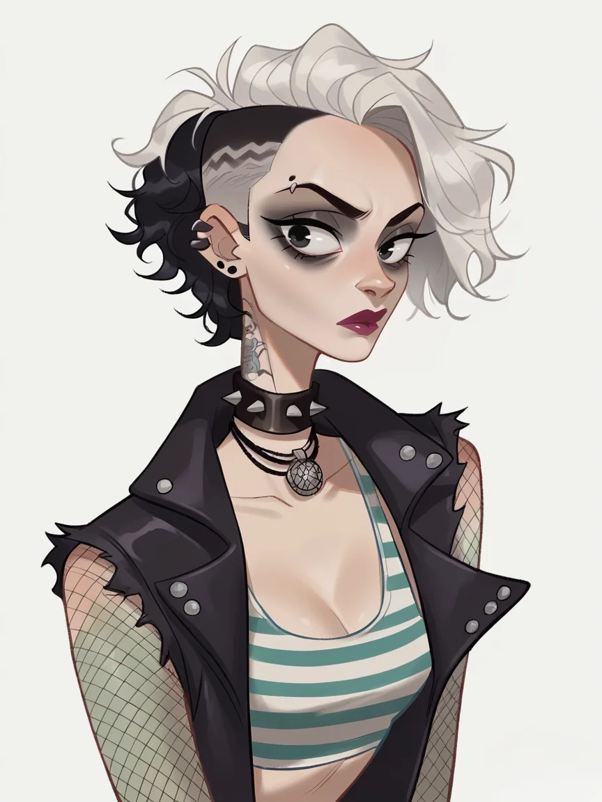 score_9, score_8_up, score_7_up, score_6_up, score_5_up, <lora:kangyannanXLP:0.8> kangyannan, white background, 1girl, black hair, white hair, punk, striped, zeebra