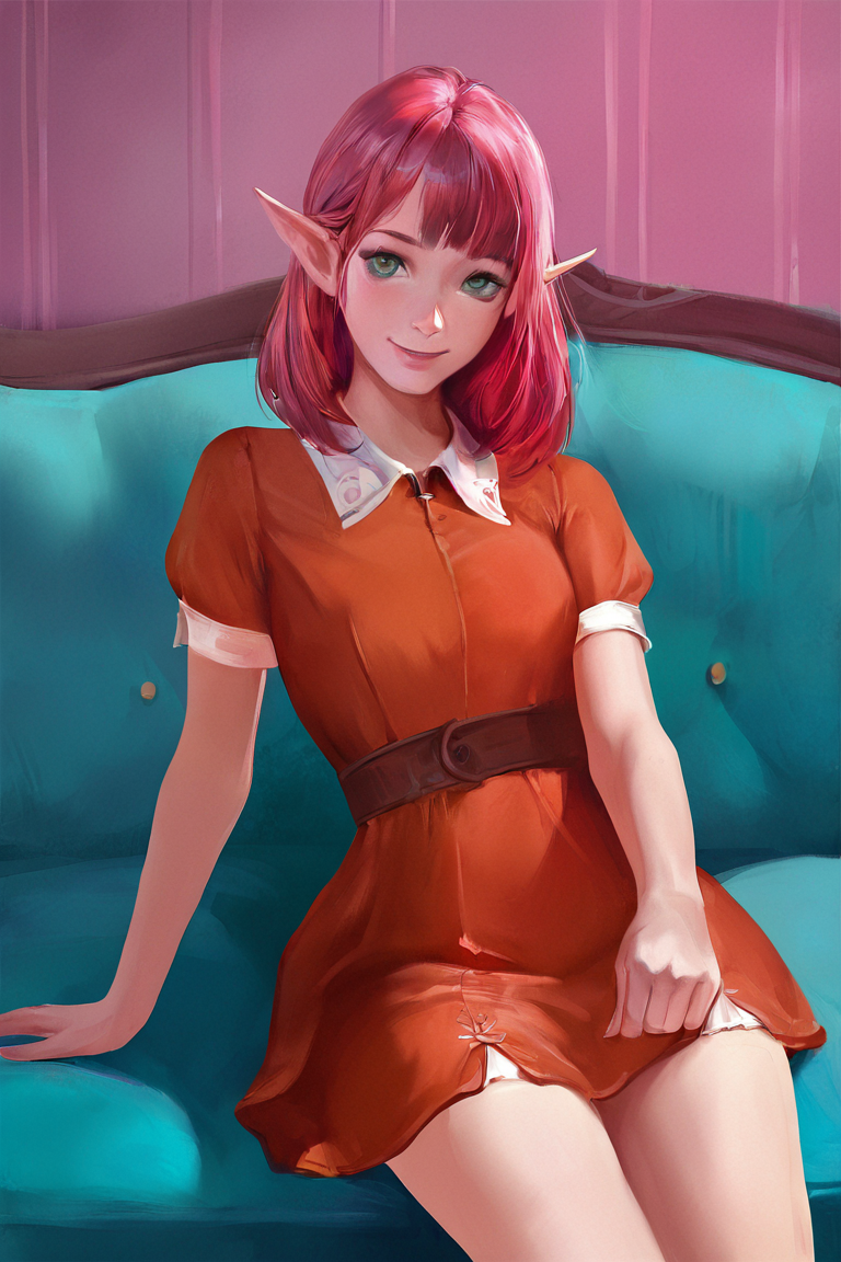 masterpiece, best quality, highres, newest, concept art, digital art, realistic, pink theme, elf, pointy ears, red hair, medium hair, green eyes, orange dress, collared dress, medium dress, short sleeves, smile, 1girl, solo, looking at viewer, cowboy shot, sitting, on couch, blue couch, indoors, living room <lora:Pink Dreams [LoRA] - NoobAI-XL EPS 1.0:0.8>