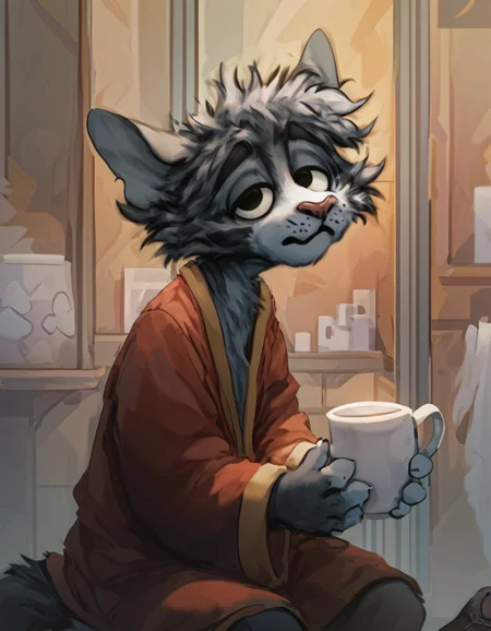 source_furry, 
Furry male cat, white and grey fur, wearing red bath robe, tired, drowsy eyes, just woke up, messy hair, holding a cup of coffee, white mug, tail, paws,
 <lora:Jacato_-_Art_Style:1> Jacato <lora:Jacato_Style_Pony:0.8>, score_9, score_8_up, score_7_up, score_6_up, score_5_up,