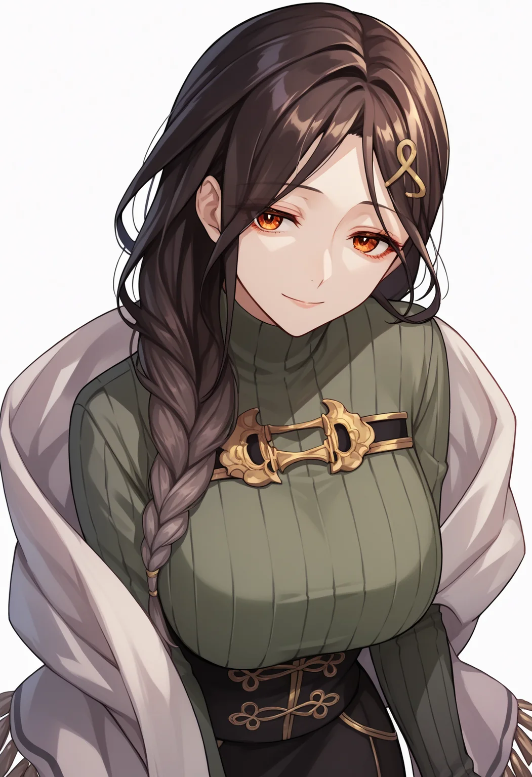 score_9, score_8_up, score_7_up, score_6_up, score_5_up, score_4_up, source_anime, stomoe, braid, hair ornament, sweater, green sweater, ribbed sweater, shawl, skirt, black skirt, long skirt, expressionless, smile, looking at viewer, large breasts<lora:ShirayukiTomoeXL-17:1>