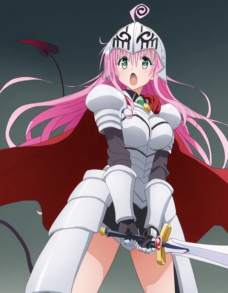 masterpiece, best quality, newest, absurdres, highres, safe,, <lora:lala-deviluke-darkness-ponyxl-lora-nochekaiser:1>, lala deviluke, long hair, pink hair, tail, ahoge, bangs, hair ornament, green eyes, demon tail, large breasts, anime screencap, <lora:sunrise-stance-illustriousxl-lora-nochekaiser:1>, sunrise stance, weapon, sword, solo, open mouth, holding weapon, holding, holding sword, <lora:knight-ponyxl-lora-nochekaiser:1>, knight, armor, cape, shoulder armor, gauntlets, helmet, pauldrons, red cape,, ,