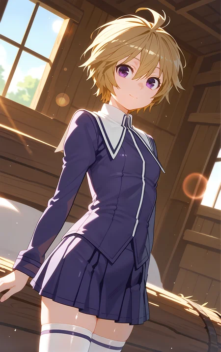 (score_9, score_8_up, score_7_up), looking at viewer, light smile, closed mouth, shiny skin, tight clothes,
ohwx, 1girl, solo, solo_focus, small_breasts, short_hair, purple_eyes, blonde_hair,
white_thighhighs, thighhighs, school_uniform, skirt, boots, zettai_ryouiki,
log cabin, bedroom, window, sunlight, lens flare, blurry, cowboy shot, dutch angle,
 <lora:kuno_pony_ss:1>