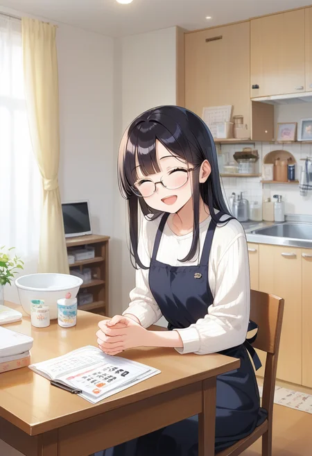 score_9, score_8_up, score_7_up, rating_safe, masterpiece, best quality, absurdres, unity 8k wallpaper, official art, official style, source_anime, uncensored, game cg, megami magazine,
1girl, solo, glasses, black hair, long hair, white ribbed sweater, black apron, happy, smile, looking at viewer, closed eyes, open mouth, own hands together,
JPkitchen, calendar (object), chair, indoors, scenery, window, sink, table, lamp, kitchen, curtains, cabinet, clock
<lora:JP_kitchen_PONY_V1:1>