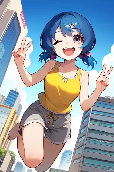 score_9, score_8_up, score_7_up, score_6_up, source_anime, 1girl, solo <lora:funabori-pdxl-nvwls-v1-000005:1> funabori, dark blue hair, grey eyes, short twintails, yellow tank top, frills, grey shorts, medium breasts, jumping, wink, open mouth, happy, peace sign, blue sky, midair, city