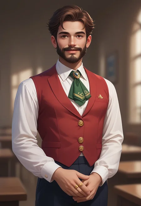 score_9, score_8_up, score_7_up, Casgas BREAK, 1boy, man, mature, solo, handsome, gorgeous, brown short hair, brown eyes, dark skin, smile, a neat beard and mustache, white shirt, green handkerchief tie, gold handkerchief clip brooch, handkerchief ring, dark red vest with gold flower pattern, gold paired buttons on the vest, black classic trousers, BREAK both hands holding a stack of paper tied with a string, standing, cowboy shot, BREAK looking at viewer, blurred background, gradient on the background