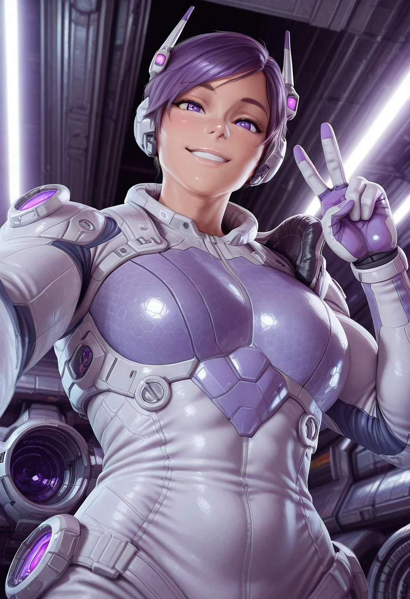 masterpiece, best quality, amazing quality, Smooth Quality, hard lighting, close up, upper body, from front,
detailed Background,
1girl, StrenuaRyder, solo, adult, muscular, wearing white jumpsuit, selfie, outdoor, sci-fi, V smiling, from below, kawaii, headgear removed, white and purple armor, details,