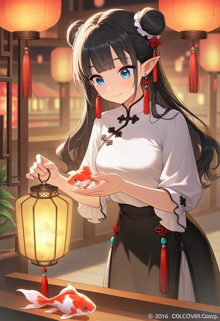 masterpiece,best quality,amazing quality, 1girl, solo, long hair, blue eyes, black hair, happy, closed mouth,medium breasts, hair bun, double bun,blunt bangs, looking at object, looking at lantern, holding lantern,bend over, shirt, skirt, long sleeves, ribbon, jewelry, white shirt, short sleeves, earrings, pointy ears, black skirt, puffy short sleeves, chinese clothes, tassel, lantern, tassel earrings, paper lantern, goldfish, tassel hair ornament, koi, flying fish