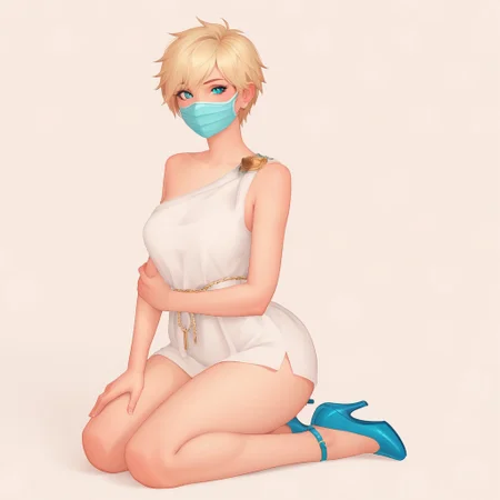 score_9, score_8_up, score_7_up, zPDXL3, NEGATIVE_HANDS, beautiful aesthetic, very intricate details, high quality details, realistic, highres, HD, 1 girl, solo, BREAK, rose mask, blonde hair, short hair, cyan eyes, toga, greek clothes, blue high heels, thin body, happy smiling, sexy, BREAK,