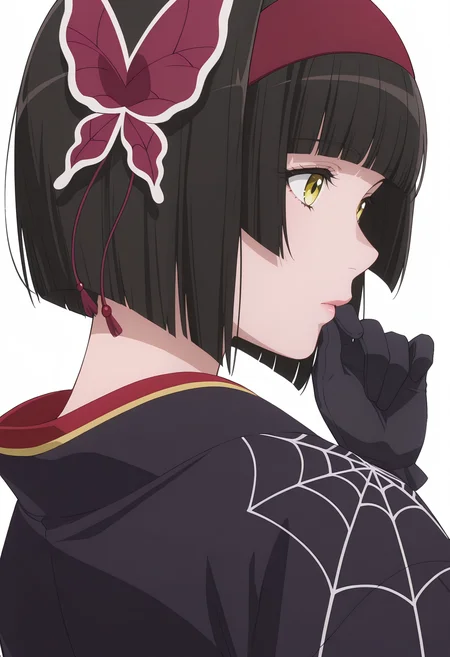 Smooth Quality,masterpiece, ultra realistic,
simple background, white background,
from behind,afterglow,
<lora:MioCnn:0.8> Mio/Cnn, 1girl, short hair, bangs, japanese clothes, kimono, yellow eyes, hairband, blunt bangs, black gloves, black hair, spider web print,butterfly hair ornament,