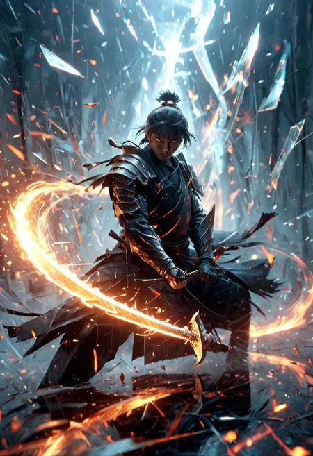 1man, Samurai, Incoming sword, broken glass, reflection, slash, shatter, fire element, holding sword, glowing sword, motion blur, emphasis line, outdoor in the darkness, looking viewer, text, "Z",