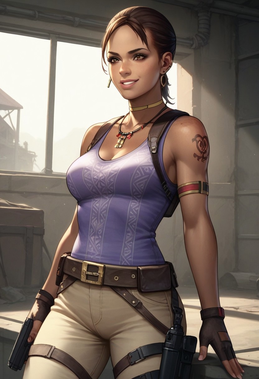 Expressiveh, score_9, score_8_up, score_7_up, <lora:RE5Sheva:0.8>, RE5Sheva, Sheva Alomar, dark skin, dark skinned, left shoulder tattoo, Shujaa tattoo, red tattoo, 1girl, solo, smirk, expressive eyes, brown eyes, black hair, ponytail, form-fitting purple singlet, beige pants, knee-high boots, tactical belt, pistol holster, fingerless gloves, traditional african jewelry,, (sexy pose),, (indoors, abandoned building, dirty room, dynamic lighting)