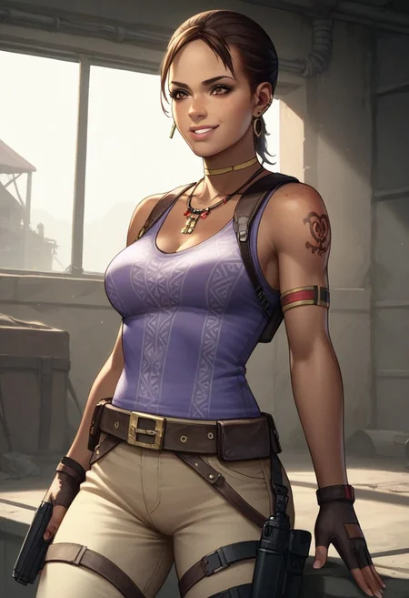 Expressiveh, score_9, score_8_up, score_7_up, <lora:RE5Sheva:0.8>, RE5Sheva, Sheva Alomar, dark skin, dark skinned, left shoulder tattoo, Shujaa tattoo, red tattoo, 1girl, solo, smirk, expressive eyes, brown eyes, black hair, ponytail, form-fitting purple singlet, beige pants, knee-high boots, tactical belt, pistol holster, fingerless gloves, traditional african jewelry,, (sexy pose),, (indoors, abandoned building, dirty room, dynamic lighting)