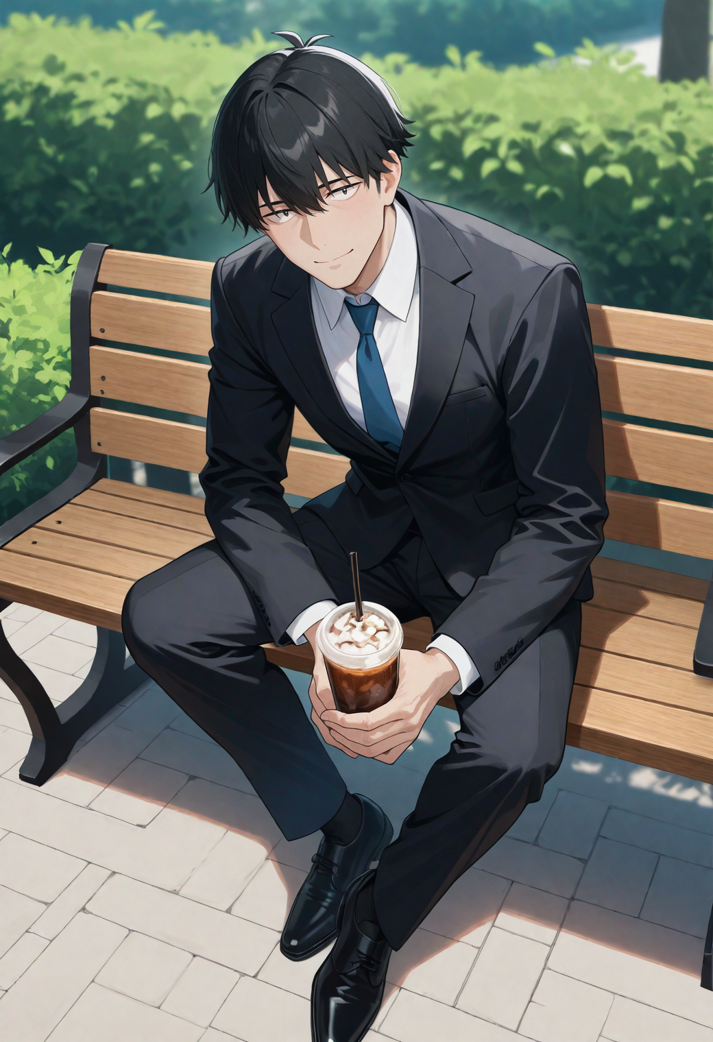 masterpiece,best quality,
1boy,
sanpaku,<lora:takeuchiP_NAI_EPS_1_0_CAME_v1-000030_rev2:1>,t4k3uch1_p,black hair,black eyes,
white shirt,collared shirt,blue necktie,
black jacket,suit jacket,
black pants,black footwear,dress shoes,
outdoors,holding,iced coffee,sitting,bench,outdoors,day,looking at viewer,smile,arm rest,
blurry  background,scenery