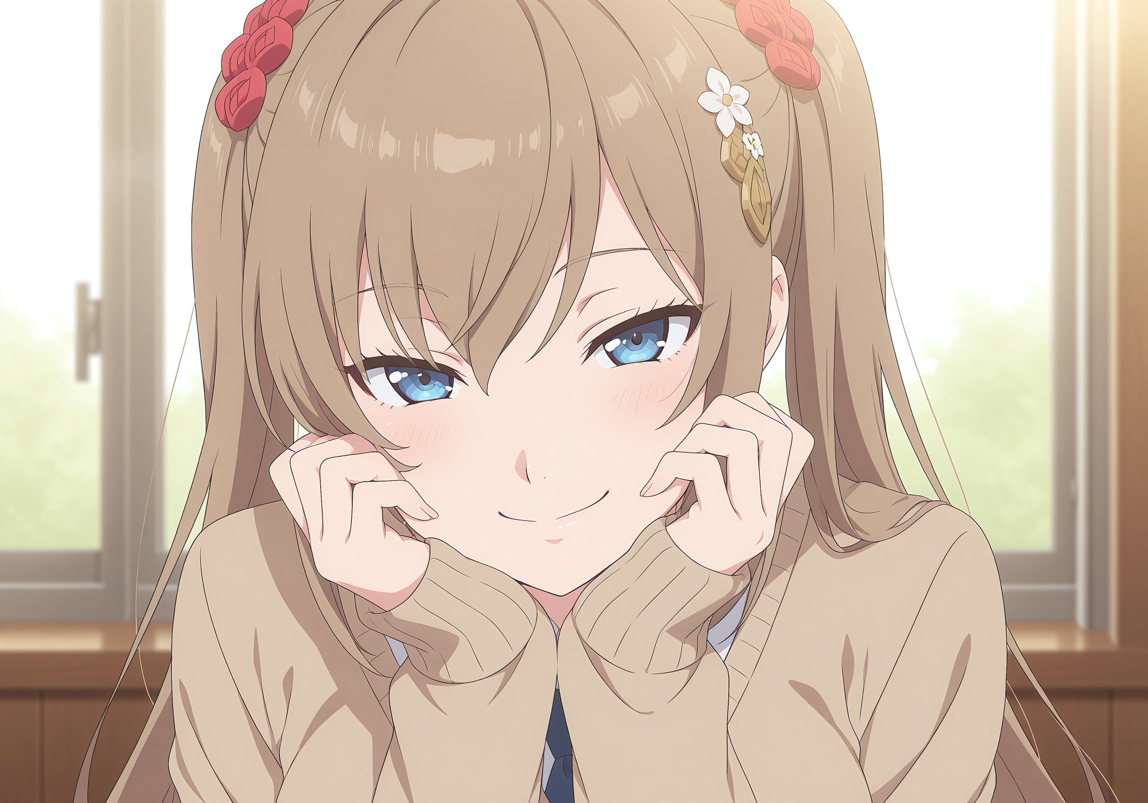 yunazetta, 1girl, blue eyes, brown hair, twintails, long hair, hair ornament, hair flower, anime screencap,

big breasts, masterpiece, best quality, high resolution,

looking at viewer, hands on own face, (seductive smile:1.5), sleeves past wrists, long sleeves, closed mouth, sweater, hands on own cheeks, sunlight, blurry, school uniform, portrait, short hair, upper body