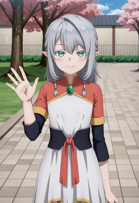 <lora:Young Tessia_IL:1>Young Tessia, 1girl, gray hair, pointed ears, elf, green eyes, white asymmetrical dress with yellow trim, red sash waist tie, black long-sleeve undershirt, green gem pendant necklace, white thigh-high socks, black crisscross strap shoes
City rooftop bar with cherry blossom trees,seductive smile , waving to the viewer, upper body,