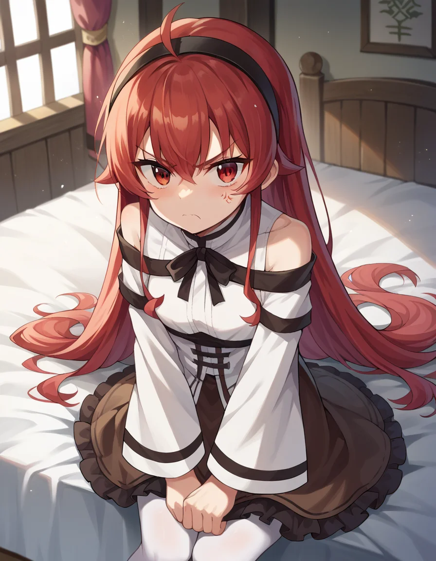 score_9, score_8_up, score_7_up, source_anime,
erisgreyrat, <lora:eris-greyrat-ponyxl-lora-nochekaiser:1>,
eris greyrat, ahoge, hair between eyes, long hair, red eyes, red hair, sidelocks, angry, anger vein,
black hairband, black ribbon, brown skirt, hairband, long sleeves, neck ribbon, pantyhose, ribbon, shirt, shoulder cutout, skirt, white pantyhose, white shirt, wide sleeves,
indoors, bed, bed room,
looking at viewer, cowboy shot, dutch angle,