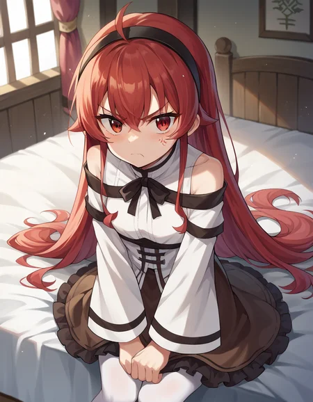 score_9, score_8_up, score_7_up, source_anime,
erisgreyrat, <lora:eris-greyrat-ponyxl-lora-nochekaiser:1>,
eris greyrat, ahoge, hair between eyes, long hair, red eyes, red hair, sidelocks, angry, anger vein,
black hairband, black ribbon, brown skirt, hairband, long sleeves, neck ribbon, pantyhose, ribbon, shirt, shoulder cutout, skirt, white pantyhose, white shirt, wide sleeves,
indoors, bed, bed room,
looking at viewer, cowboy shot, dutch angle,