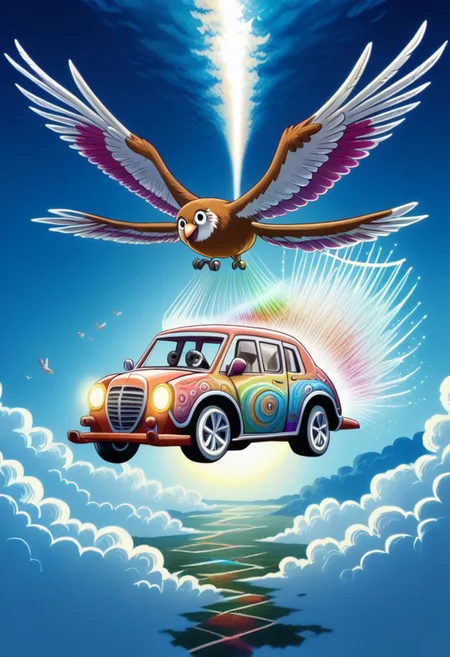 ppstorybook, A whimsical, flying van made of shingles with rainbow-colored paint and oversized wheels, soaring through the clouds with balloons made of shingles trailing behind, surrounded by fluffy clouds made of shingles and playful birds made of shingles , depicted in a cheerful, cartoonish style with soft pastel hues. mad-shingles