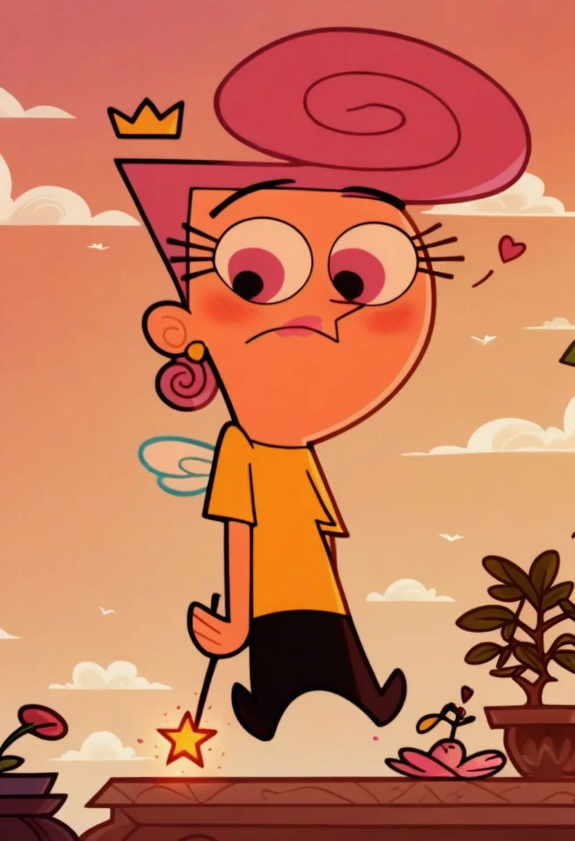 score_9, score_8_up, score_7_up, score_6_up, score_5_up, score_4_up, 
1girl, wanda (/Fairly OddParents)/,(ultra HD quality details), pink hair, pink eyes, pink lipstick, earrings,
yellow shirt, black pants, crown, wings, wand, tiny fairy, floating
modest look, seducing viewer, hearts, posing, sexy, pose, solo, bonsai, sakura, cherry blossom, submission, sunset, flowers, plants, cinematic lightings