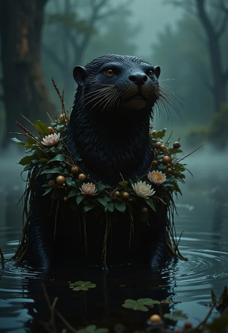 Skipper the Otter: A robust otter with a dark, sleek coat, wearing a garland of water lilies and reeds. He is shown emerging from a misty lake, droplets of water reflecting the eerie twilight, creating a mystical ambiance.
, live action, in the style of an old 80's VHS dark fantasy, VHS screen grab, grainy, old footage, in the style of an old 80's VHS dark fantasy, VHS screen grab, grainy, old footage