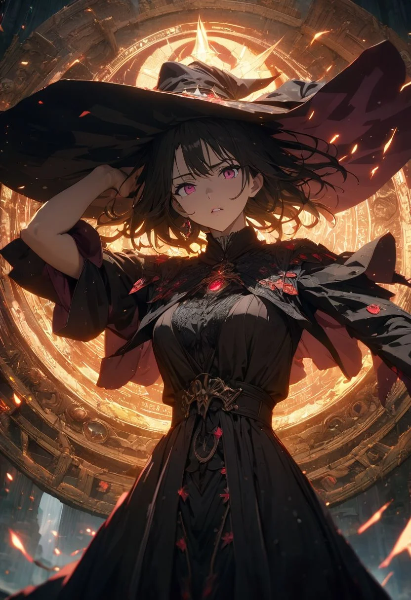 gorgeous lips, cinematic, (masterpiece), (best quality), (ultra-detailed), very aesthetic, illustration, perfect composition, intricate details, absurdres, detailed face, (anime, masterpiece, intricate:1.3), (best quality, hires textures, high detail:1.2), (4k),(incredibly detailed:1.4) 
Description of high -resolution, unity, wide -shot, beautiful and clear painting, clear explosion, beautiful witch, witch's hats, witches, witch clothing, countless light, one arm, one arm. On the head, intense light is released from the magic circle in front of the witch.