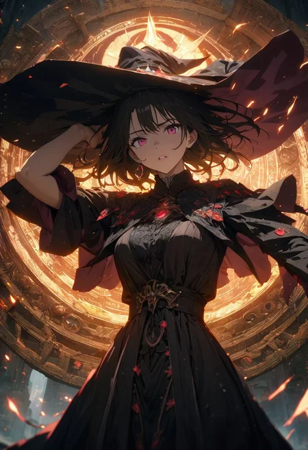 gorgeous lips, cinematic, (masterpiece), (best quality), (ultra-detailed), very aesthetic, illustration, perfect composition, intricate details, absurdres, detailed face, (anime, masterpiece, intricate:1.3), (best quality, hires textures, high detail:1.2), (4k),(incredibly detailed:1.4) 
Description of high -resolution, unity, wide -shot, beautiful and clear painting, clear explosion, beautiful witch, witch's hats, witches, witch clothing, countless light, one arm, one arm. On the head, intense light is released from the magic circle in front of the witch.