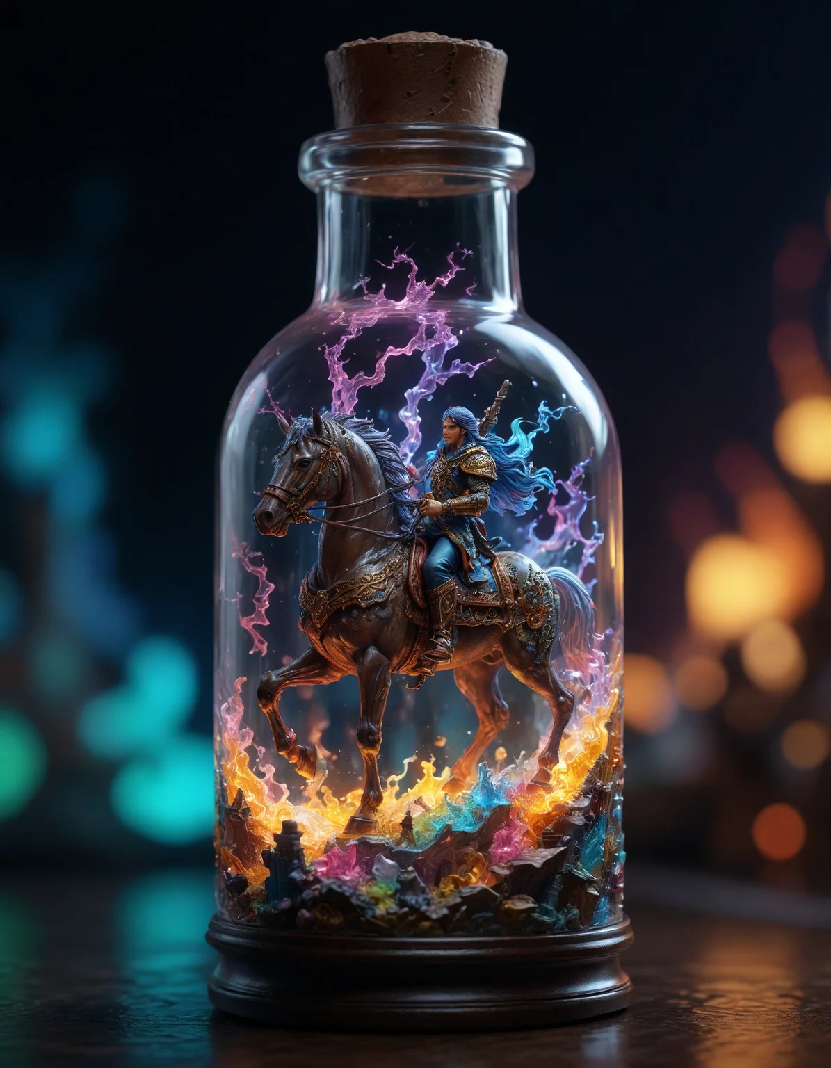 cinematic, micro shot, miniature world, extreme close up inside the big magical bottle, iridescent colorful massive neon lightning strikes contained inside the bottle, tiny figure warrior riding his horse inside the bottle, there should be mist and smoke inside the bottle, intricate, blurry dark background, <lora:add-detail-xl:1>, <lora:sdxl_lightning_8step_lora:1>, <lora:detailed_notrigger:1>