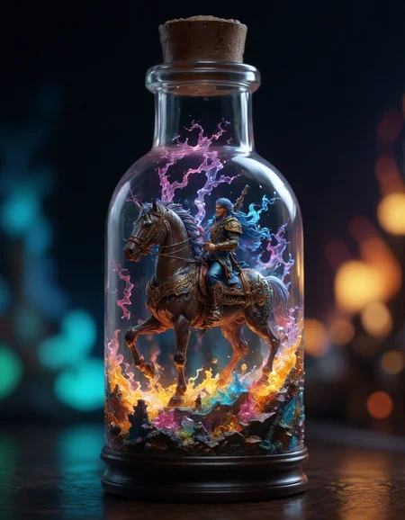 cinematic, micro shot, miniature world, extreme close up inside the big magical bottle, iridescent colorful massive neon lightning strikes contained inside the bottle, tiny figure warrior riding his horse inside the bottle, there should be mist and smoke inside the bottle, intricate, blurry dark background, <lora:add-detail-xl:1>, <lora:sdxl_lightning_8step_lora:1>, <lora:detailed_notrigger:1>