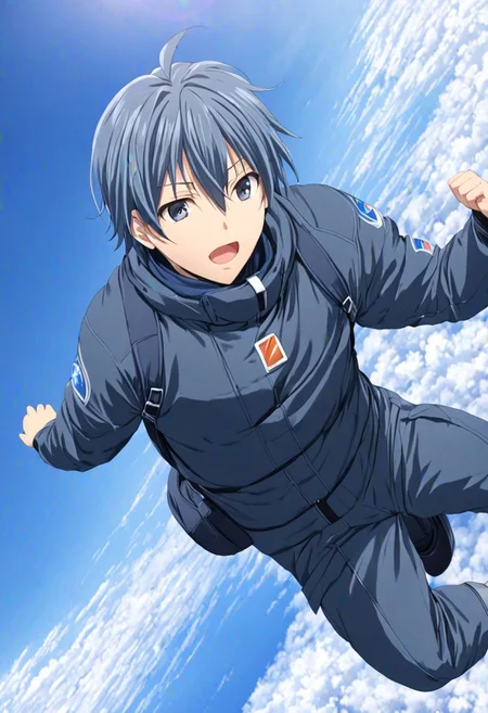 high resolution, solo, best quality, 1Boy, Tomoya Okazaki, Grey Blue Hair, free fall, sky , OverallDetail