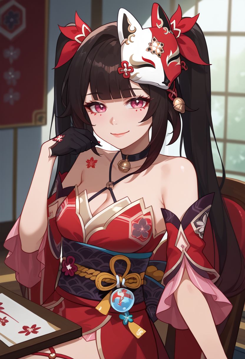 score_9, score_8_up, score_7_up, source_anime, 1girl, sparkledef, pink eyes, long hair, twintails, fox mask, mask on head, bell, black choker, bare shoulders, flower tattoo, criss-cross halter, detached sleeves, red dress, japanese clothes, obi, black sash, black gloves, single glove, thigh strap, sitting, on chair, table, (head rest), smile, closed mouth, looking at viewer, indoors, portrait, close-up, upper body, facing viewer, <lora:Sparkle_v1-000010:1>