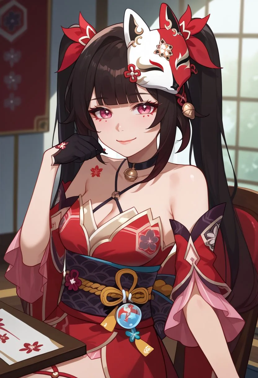 score_9, score_8_up, score_7_up, source_anime, 1girl, sparkledef, pink eyes, long hair, twintails, fox mask, mask on head, bell, black choker, bare shoulders, flower tattoo, criss-cross halter, detached sleeves, red dress, japanese clothes, obi, black sash, black gloves, single glove, thigh strap, sitting, on chair, table, (head rest), smile, closed mouth, looking at viewer, indoors, portrait, close-up, upper body, facing viewer, <lora:Sparkle_v1-000010:1>